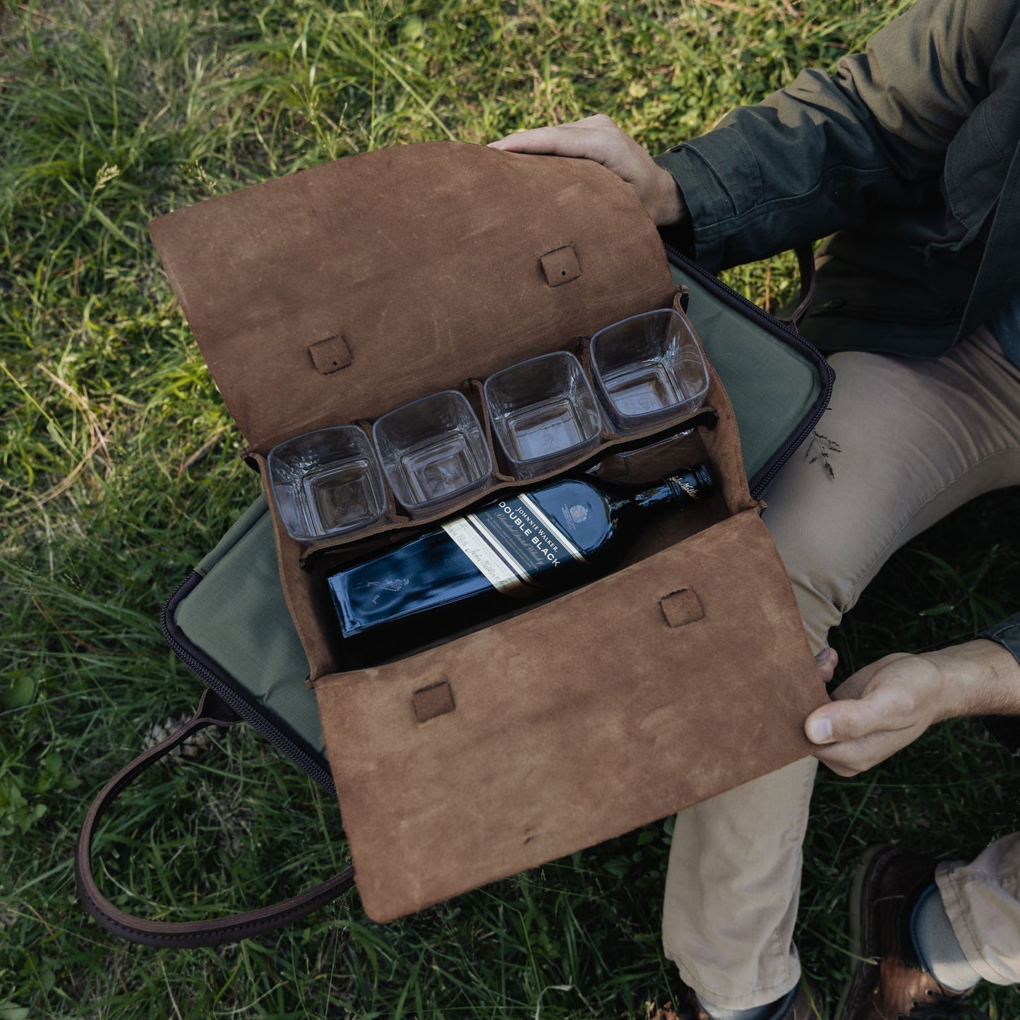 Dark brown leather whiskey bag
