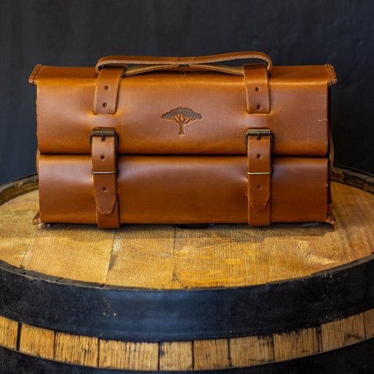 leather whiskey carrier bag in toffee colour